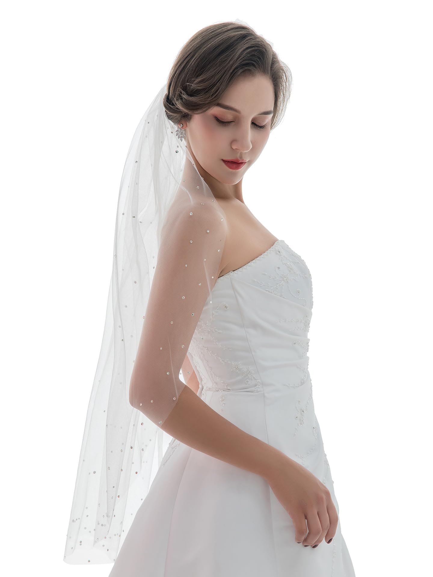 1T 1 Tier Stardust Rhinestone Crystal Bridal Wedding Veil Fingertip Length 36"