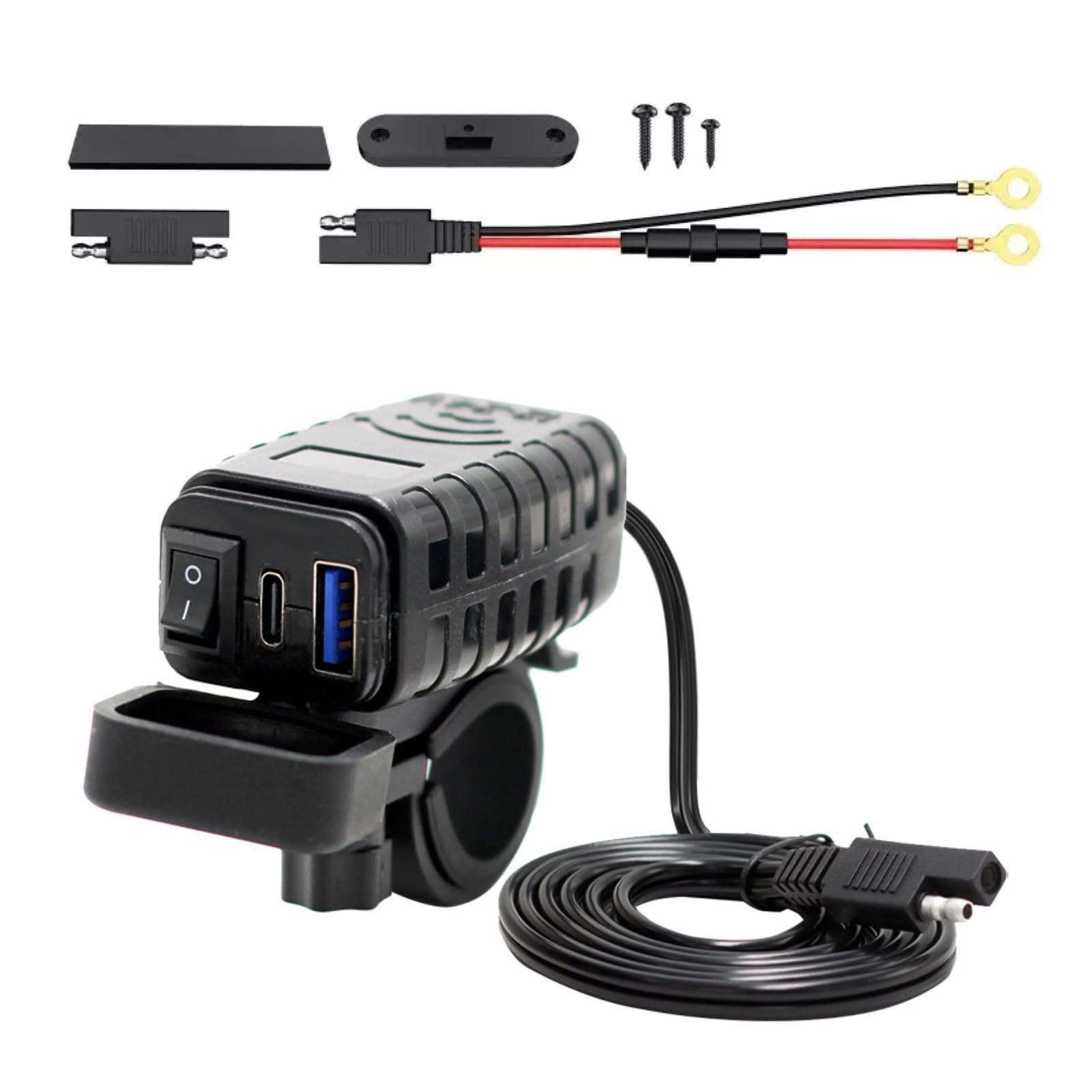 Handbar Dual-Port USB Charger for Motorcycle with ON/Off Switch, Waterproof with LED Light Display