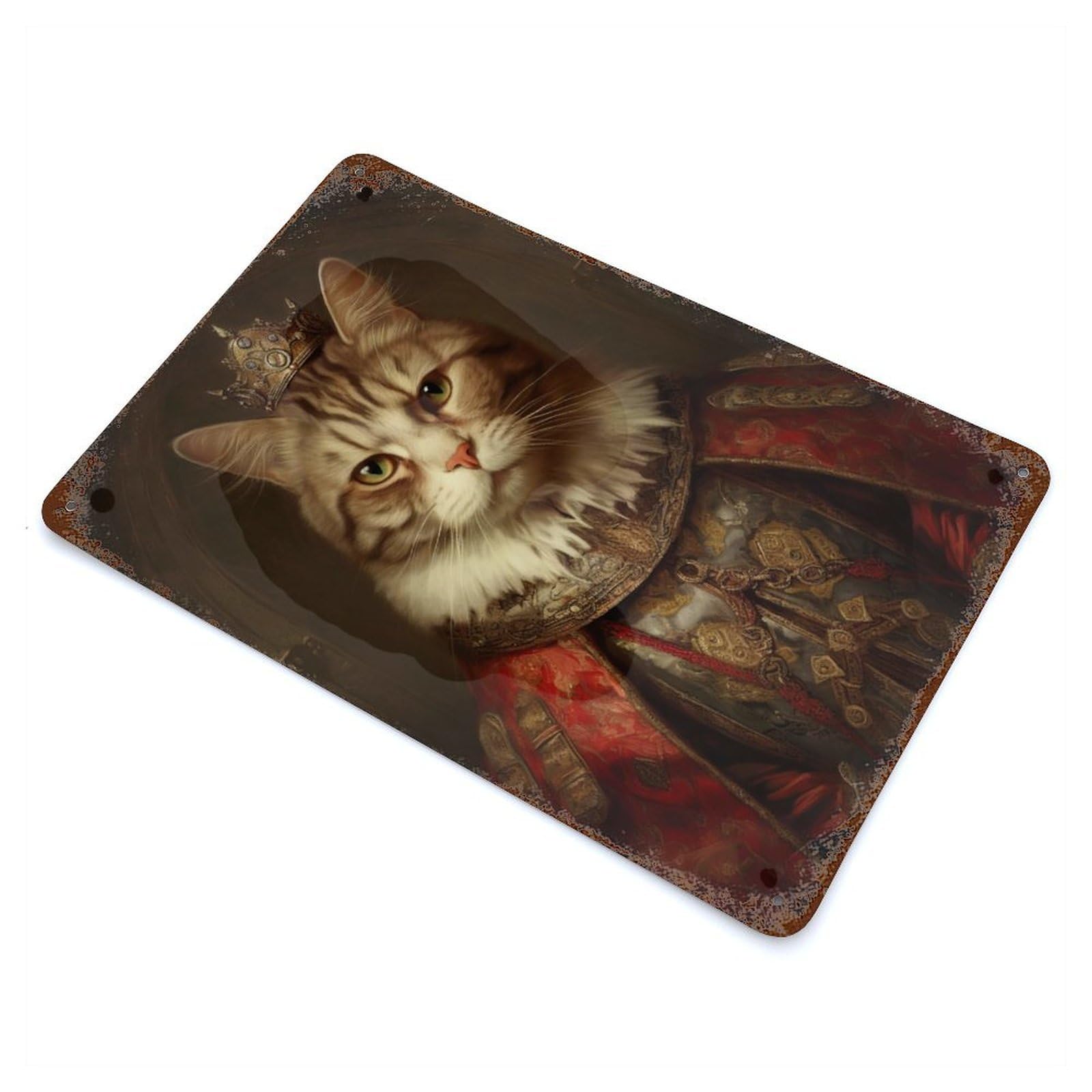 King Cat with A Crown Rustic Tin Plaque 11.8"x7.9", for Living Room, Hallway And Home Decor, Decorative Metal Wall Art