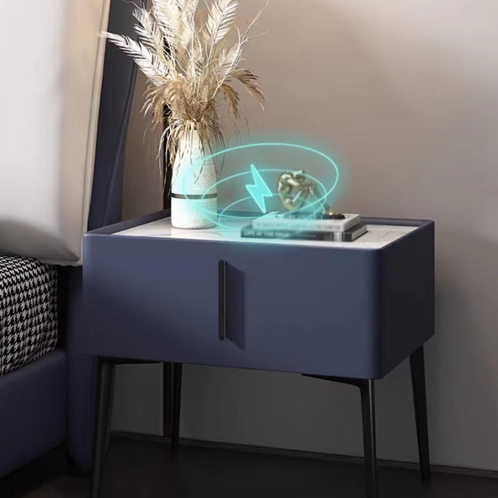 Table de chevet pour station de recharge de chambre à coucher avec tiroir et finition cuir