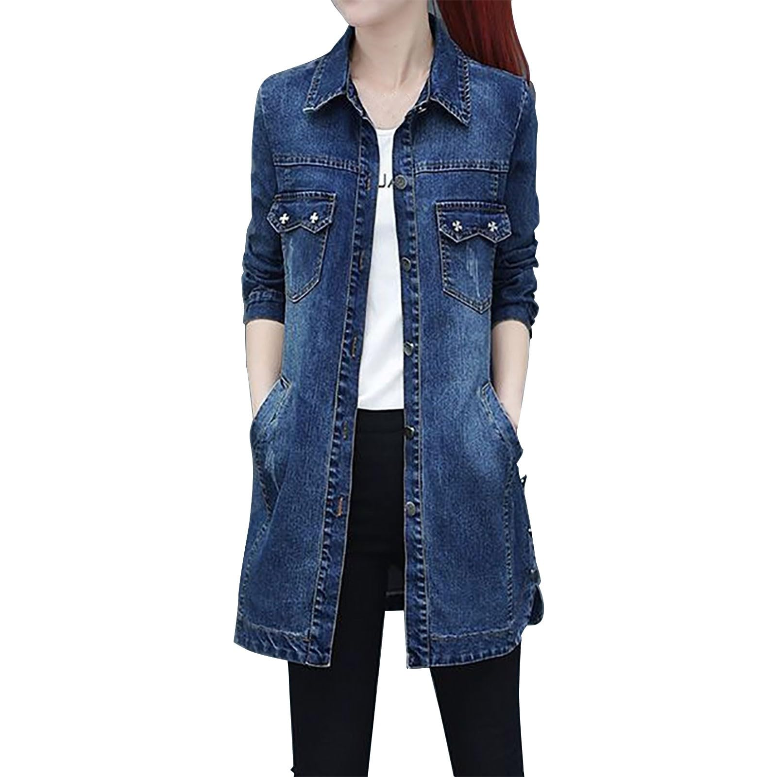 Cocila Veste en jean pour femme, manteau slim brodé à manches longues, vestes manteaux Compressible En Duvet blouson femme Beige Femme Demi Saison Saharienne Manteaux Et Blousons Imperméable