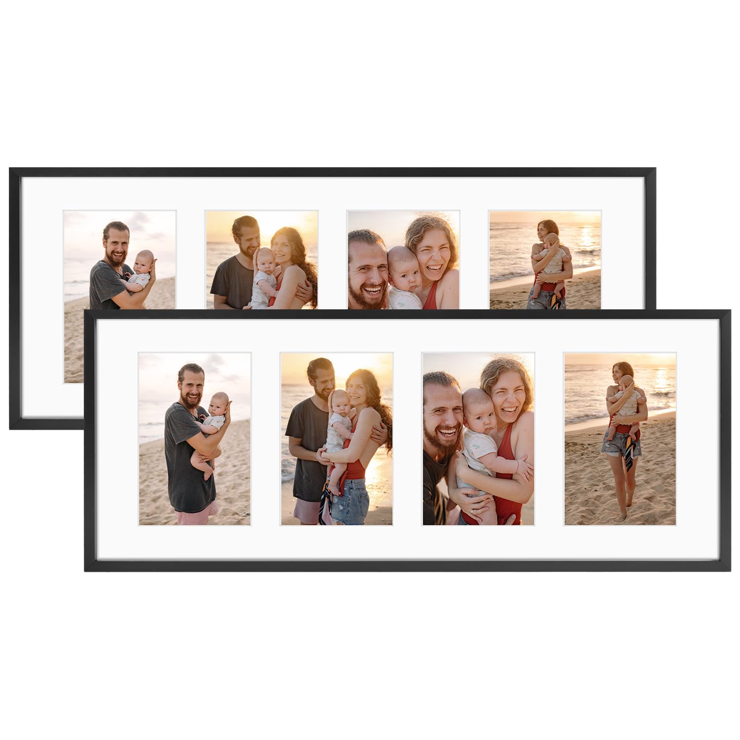 Golden State Art, 4x6 Aluminum Collage Frame, Display 6x4 Pictures With 4 Openings Mat or One 8x20 Photo, Real Glass, Portrait/Landscape Wall Display, Black, 2 Pack