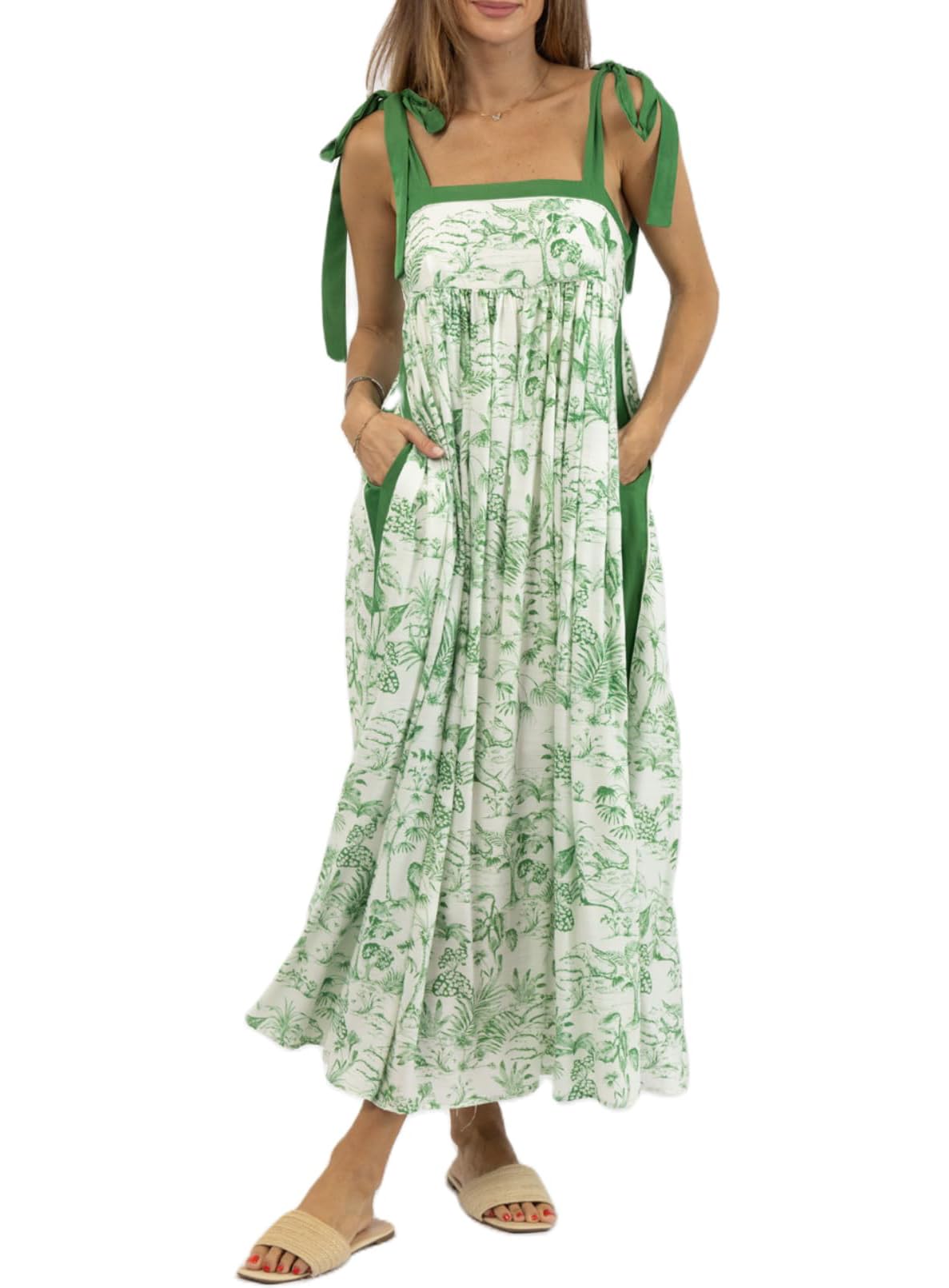 Qhecomce Women Summer Boho Tie Shoulder Dress Y2k Floral Smocked Flowy Shoulder Tie Dress Ruffle Vocation Sundress