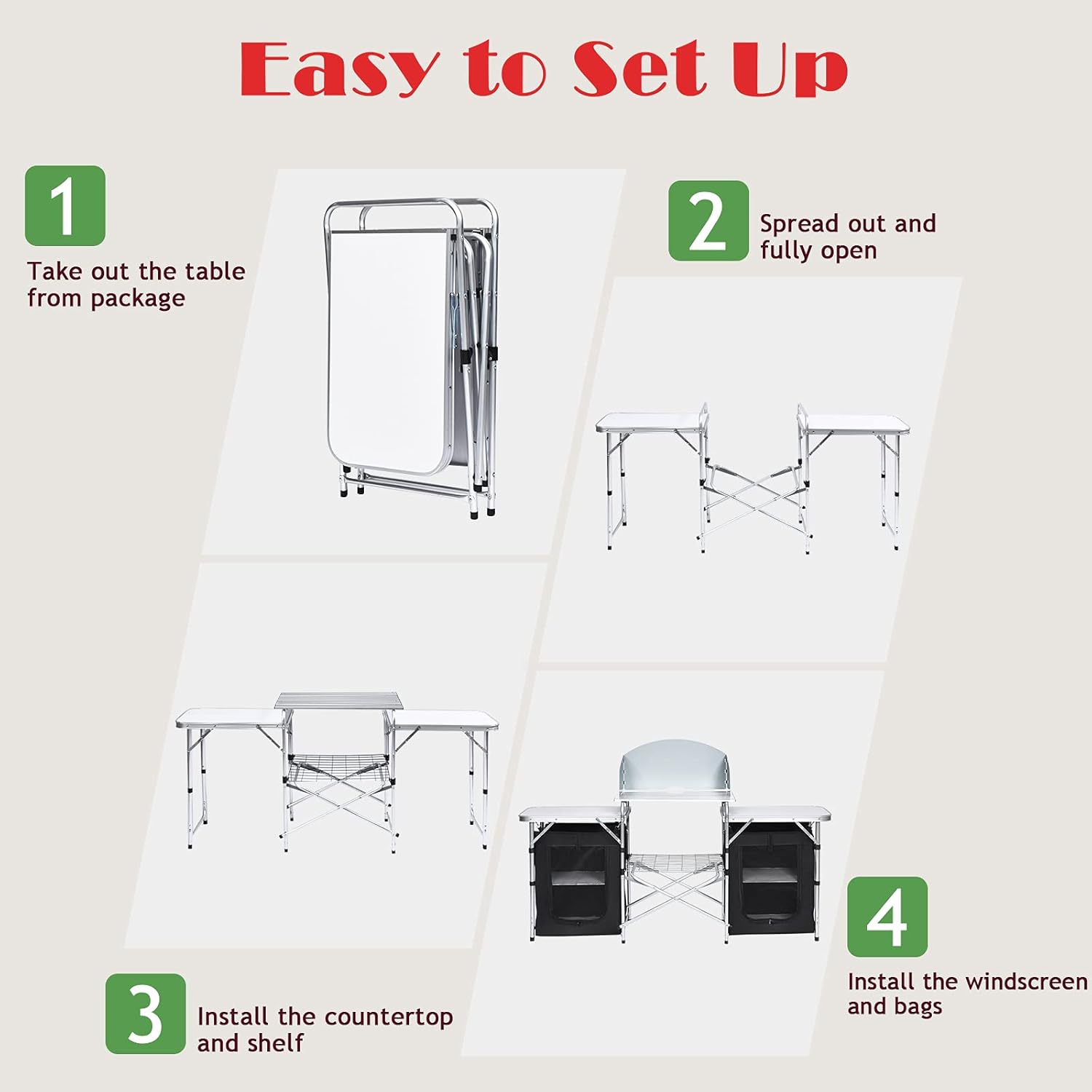 TANGZON Folding Camping Kitchen Table, Outdoor Portable Kitchen Storage Table with Windshield & Carry Bag, Mesh-Door Storage Cupboard for Picnic BBQ Party, 172 x 48 x 110cm (Black + Silver)