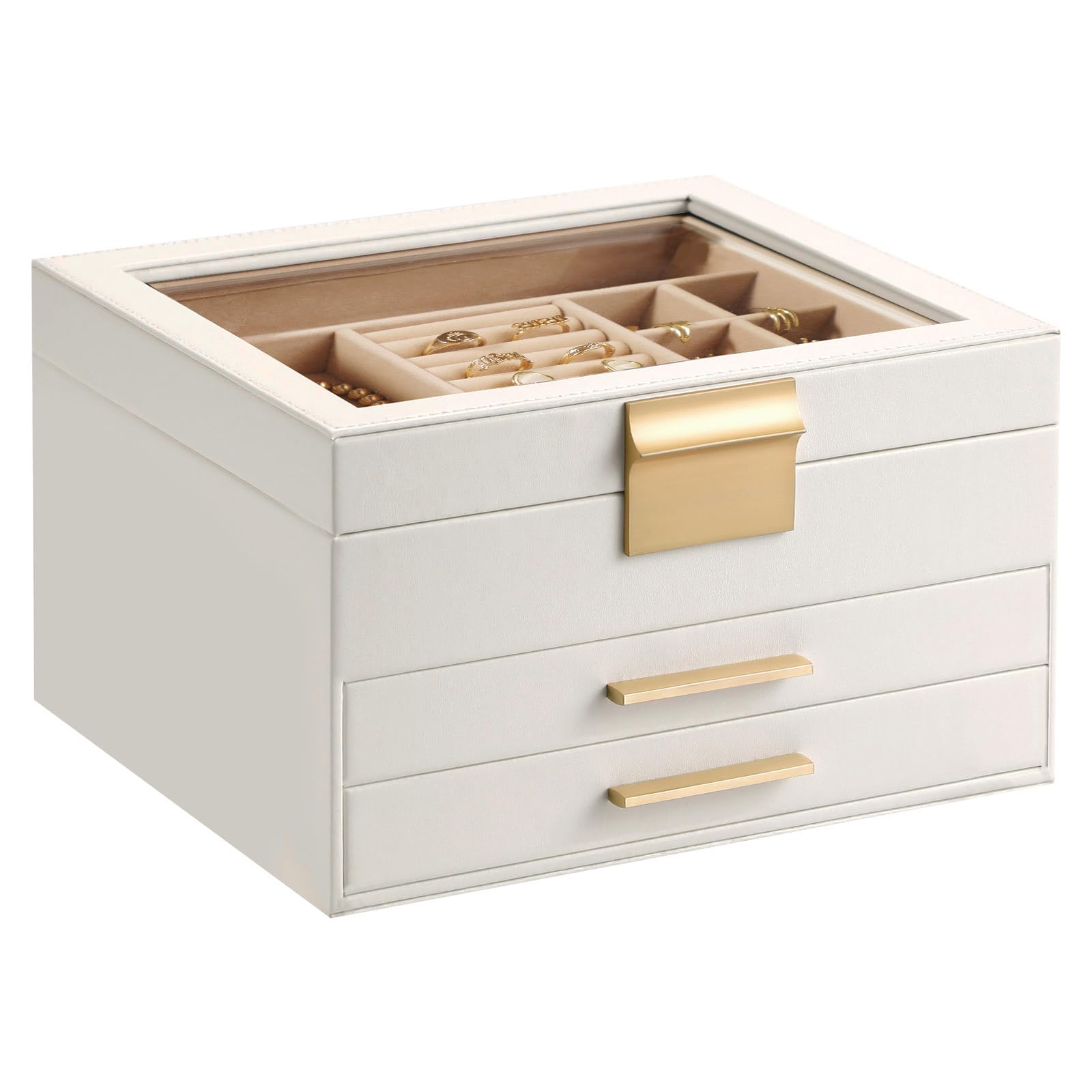 Somduy Jewelry Box Organizer for Women,3 Layers Jewelry Storage Display Box with Glass Lid,Gift for Christmas,3 Drawers,Large Capacity for Necklace Earrings Bracelets Rings,White