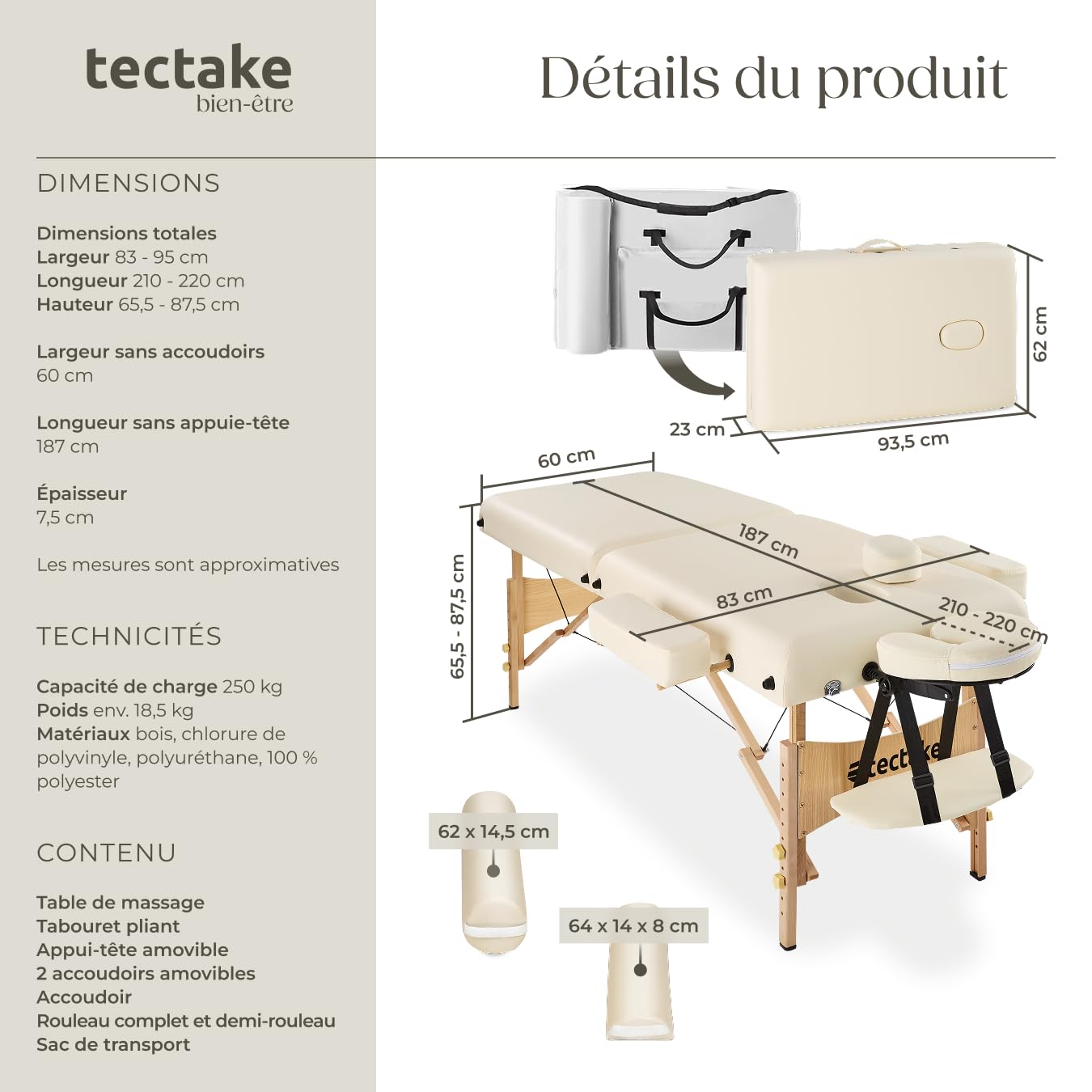 tectake® Table de Massage Pliante Professionnelle 2 Zones Ergonomique Massage et Relaxation Bois Table Esthetique Professionnel Lit de Massage Portable, Rouleaux & Housse de Transport - Beige