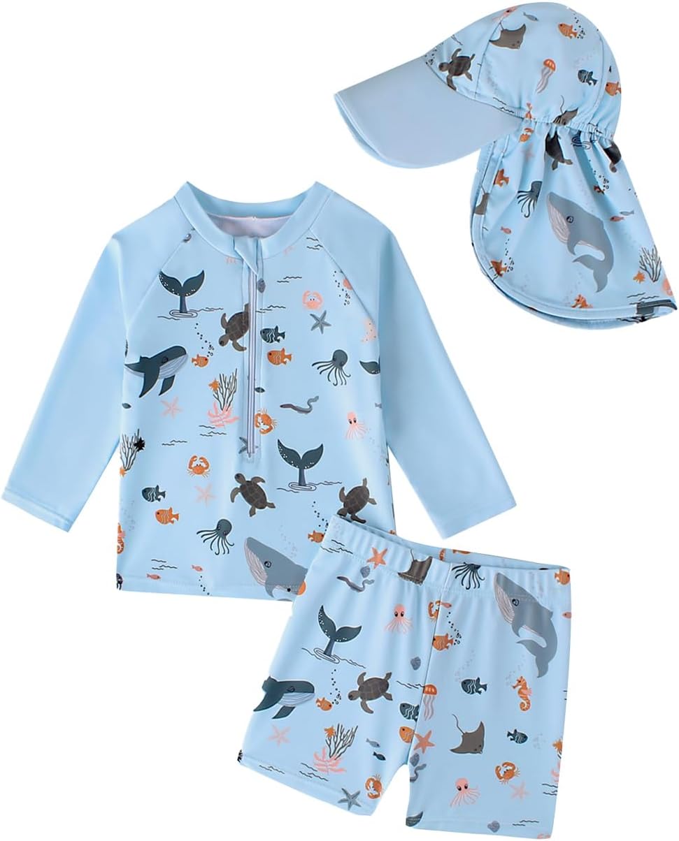 JiAmy Toddler Boys Rash Guard Swimsuit Set with Sun Hat, Long Sleeve Baby Boy Bathing Suit with Swim Trunks, 6M-4Y