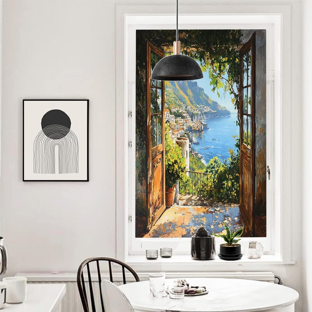 Watercolor Ocean Window Privacy Film Stained Glass Farmhouse Coastal Building Landscape Decal for Glass Decorative Stickers Adhesive Windows Sun Blocking Coverings 27.6Wx47.2L inch