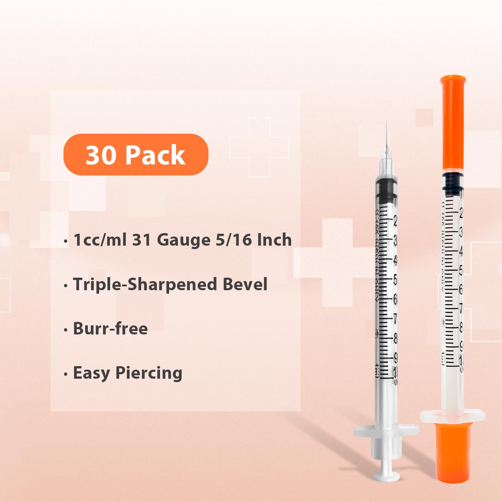 30 Pack U-100 1ml 31G 5/16 Inch 8mm Syringes with Needle, Individual Sealed — Amazon image 2