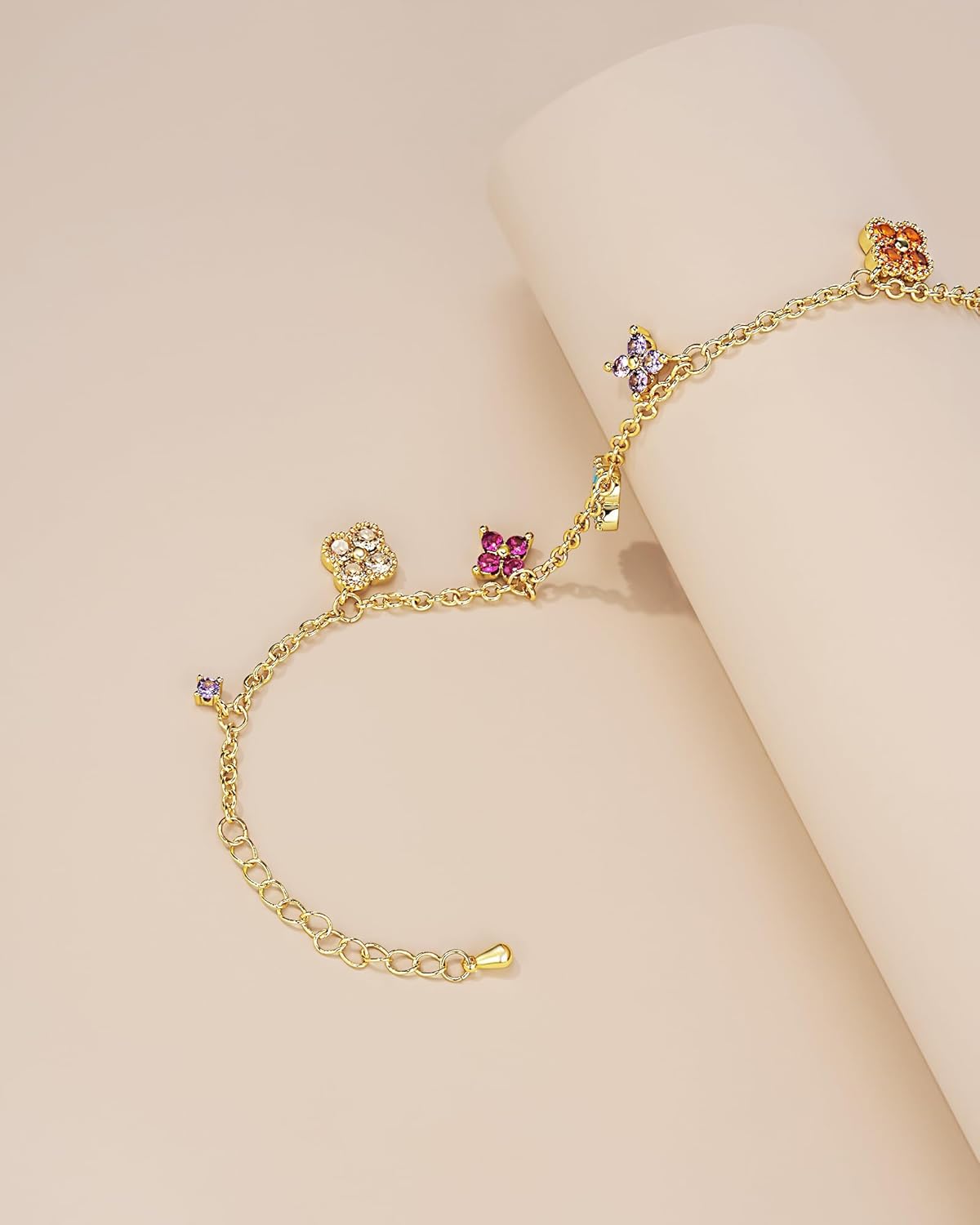 Gold Colorful CZ Gemstone Floral Statement FULLY ADJUSTABLE Dangle Charms Tennis Bracelet for Women by SNGIA, Stackable Handmade Trendy Multicolor Flower Crystal Jewelry Gifts, Beachy Summer Beaded Healing Protection Vacation Fashion Bracelet Accessories, Vintage Link Bohemian Nickle Free Station Bangle. - Image 5