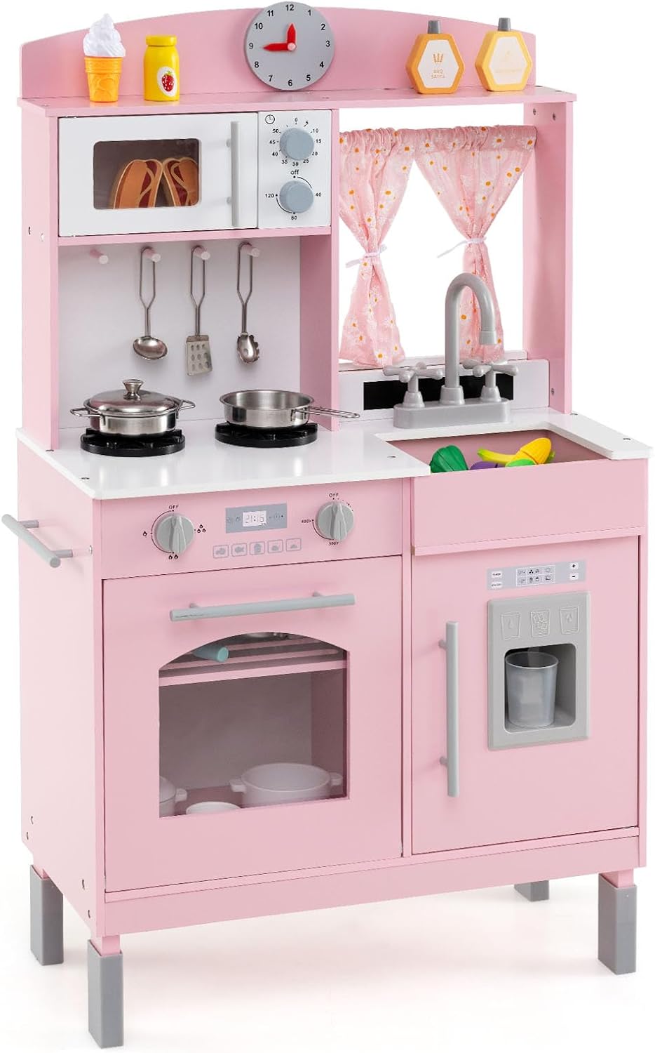 Costzon Kids Kitchen Playset, Wooden Little Chef Pretend Toy w/ 3 Adjustable Heights, Towel Bar, Curtains, Microwave, Stoves, Sink, Oven, Ice Maker & Accessories, Play Kitchen for Kids Ages 3+ (Pink)