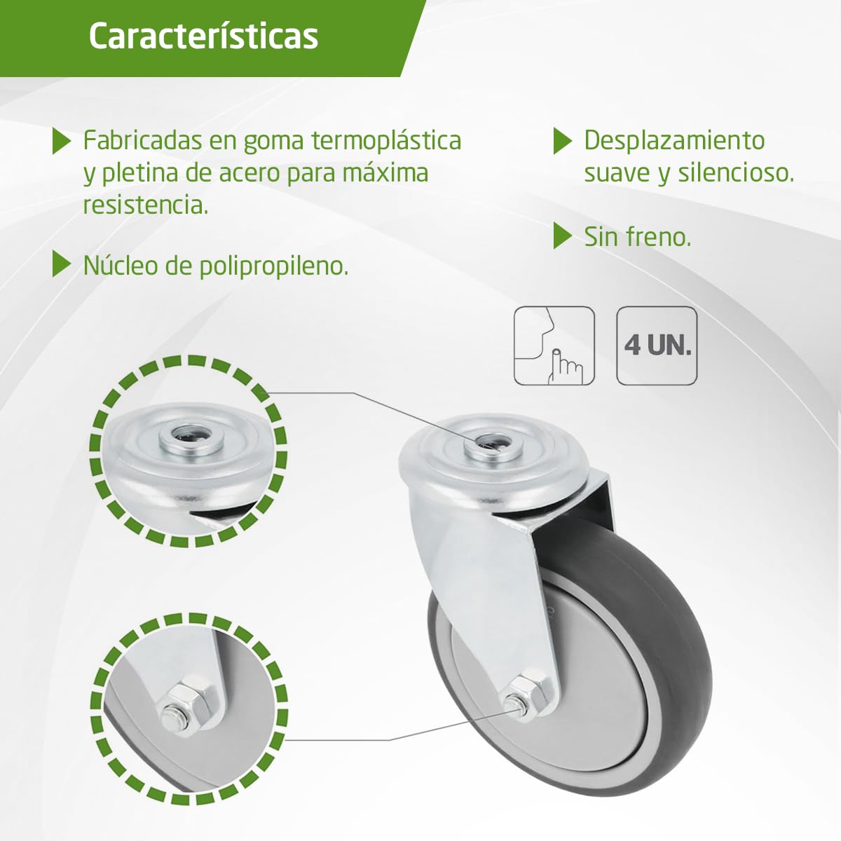 Amig- Pack de 4 Ruedas para Muebles - Con Agujero- Ø100 mm - Carga Máxima por rueda 110 kg- Pletina de Acero- Fabricada con Goma- Sin Freno- Ideales para Mover Equipos Industriales y Muebles Pesados