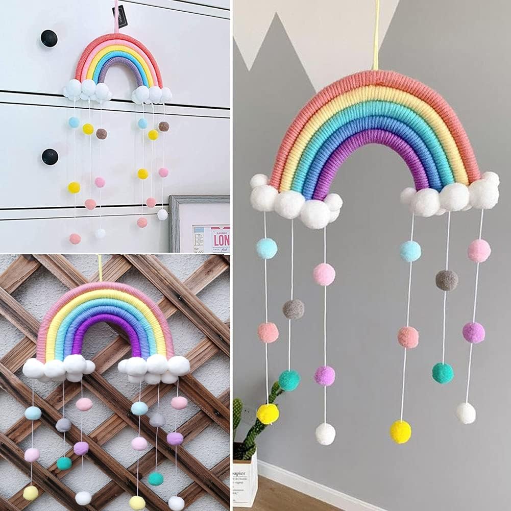 Rainbow Tapestry Clouds Hanging Decoration Handmade Braided Cords Pom-Pom Macrame Woven Felt Balls Wall Hanging Nursery Decor Photo Prop for Home Bedroom Accessories Kids Room Party Decor