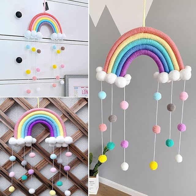 Rainbow Tapestry Clouds Hanging Decoration Handmade Braided Cords Pom-Pom Macrame Woven Felt Balls Wall Hanging Nursery Decor Photo Prop for Home Bedroom Accessories Kids Room Party Decor