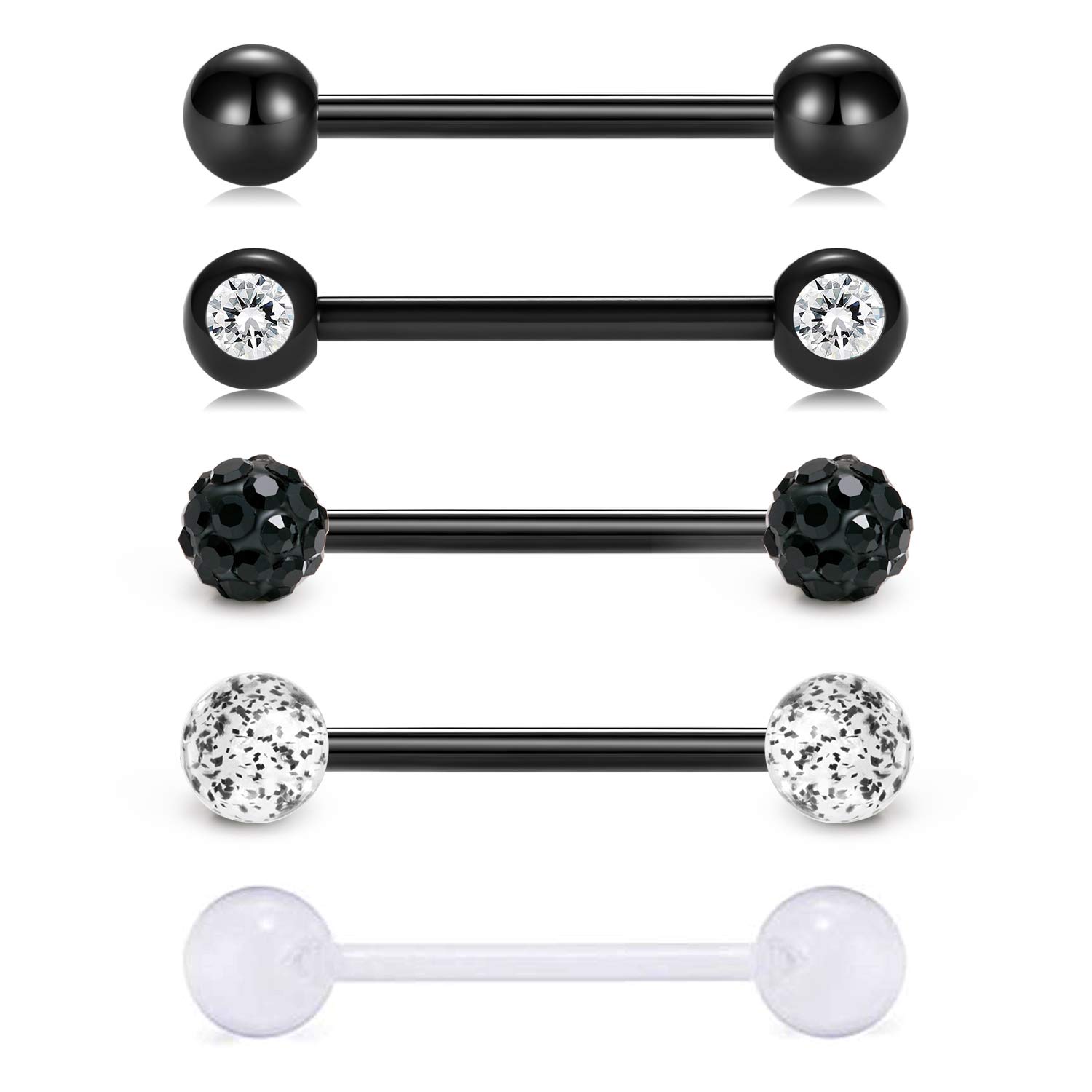 vcmart 5er Zungenpiercing 16mm Barbell Set 14 Gauge aus Chirurgenstahl Kunststoff mit Verschieden Kugeln