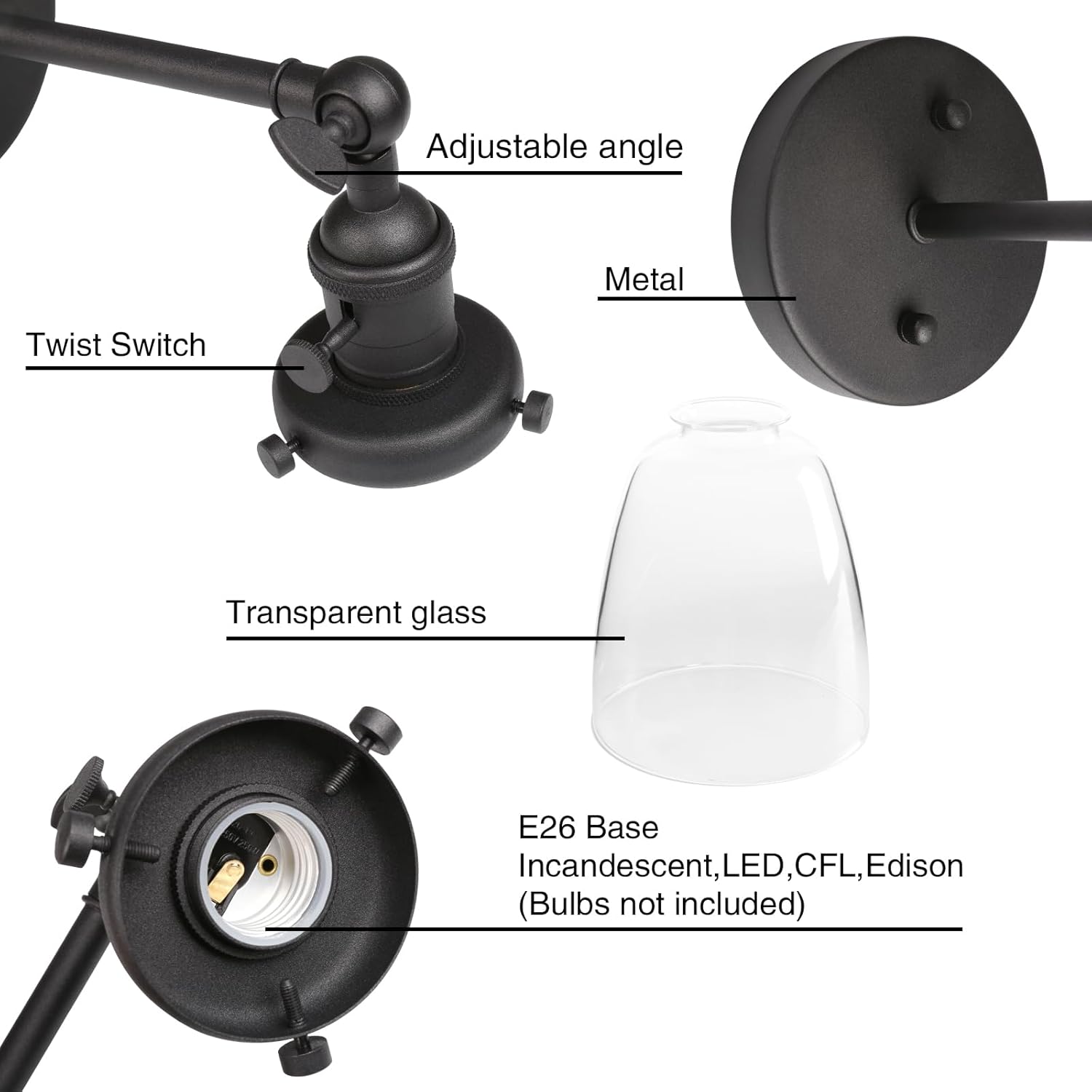 PERMO Industrial Vintage Single Sconce with Oval Cone Clear Glass Shade 1-Light Wall Sconce Wall Lamp (Black)