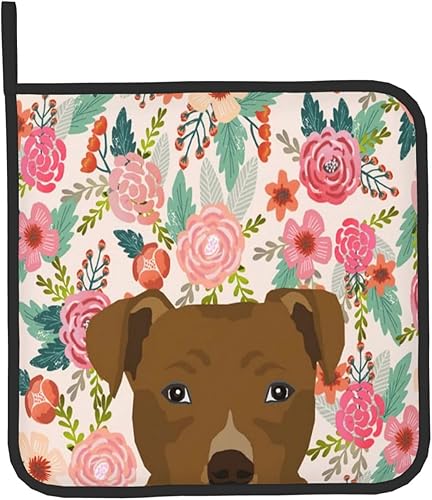 Miniatura 9 de Juego de 2 guantes de horno para perros Pitbull, diseño floral de granja, juego de 2 guantes de horno para cocina, resistentes al calor, guantes
