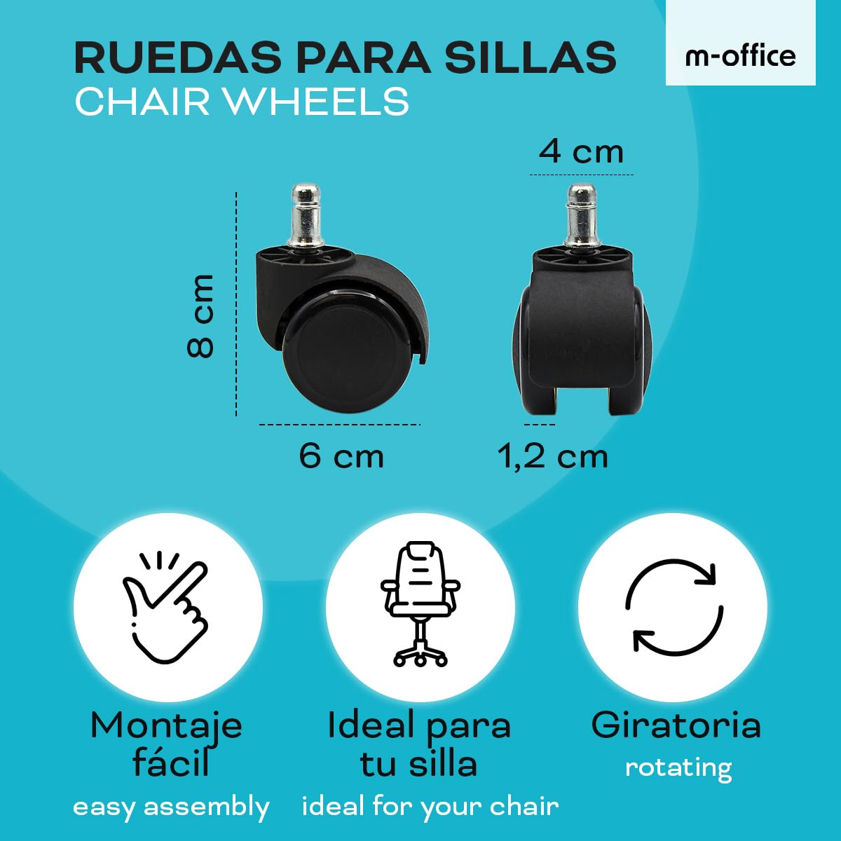 Ruedas para Sillas de Oficina, Pack de 50 Ruedas de Goma para Silla Escritorio, Silla Gaming, Ruedas Silla Oficina, Ruedas Giratorias 11x22 mm Resistentes y Sin Arañazos - Ofituria (50 ruedas)