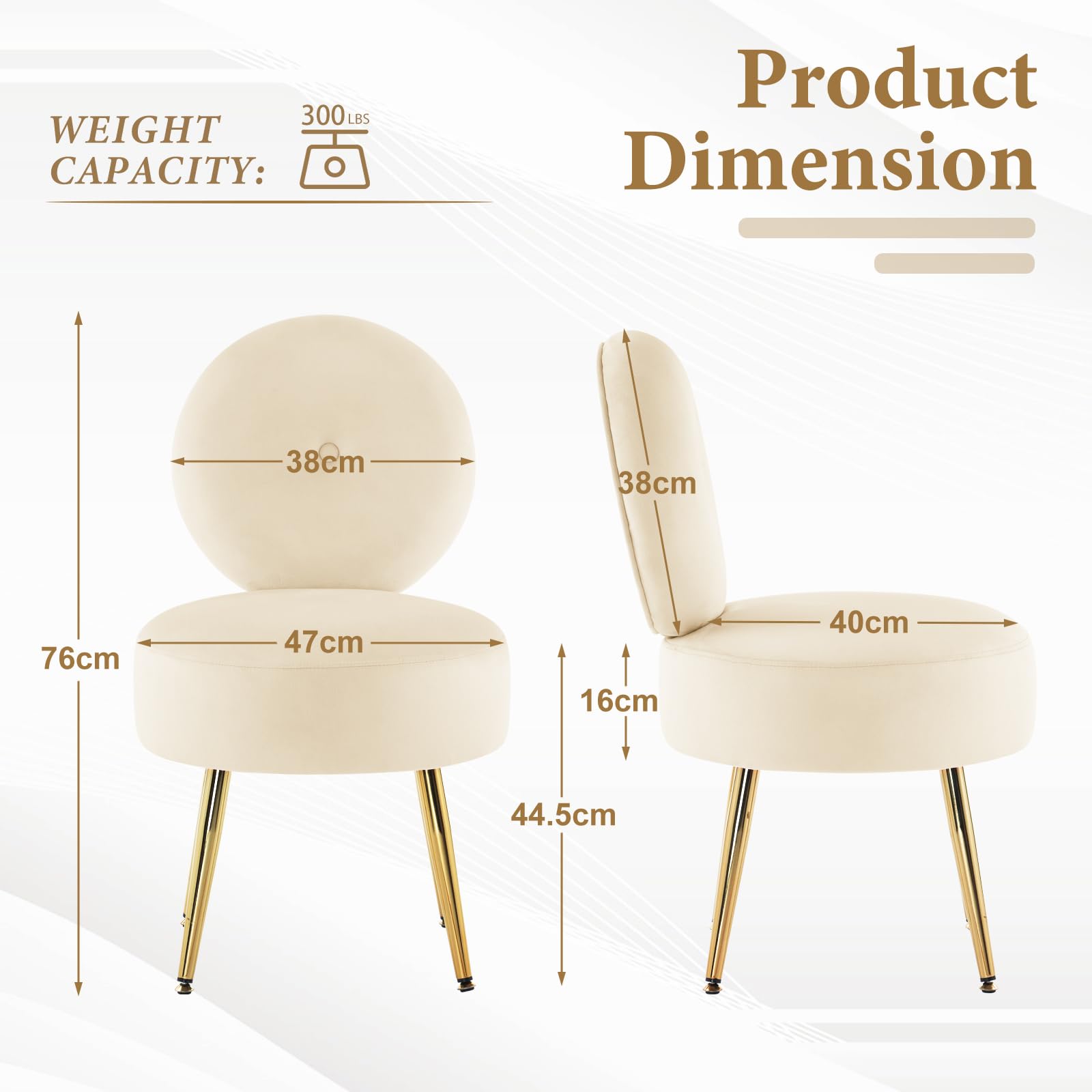 Schminkstuhl Schminktisch Stuhl, Sessel Wohnzimmer mit Rückenlehne & Verstellbaren Goldbeinen, Schreibtischstuhl Esszimmerstuhl Samt für Schlafzimmer Wohnzimmer Kinderzimmer Homeoffice, Beige