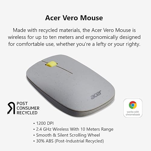 Miniatura 2 de Acer Vero - Mouse de 3 botones, inalámbrico de 2.4 GHz, 1200 DPI, fabricado con material reciclado posconsumo (PCR)  Funciona con Chromebook  Gris