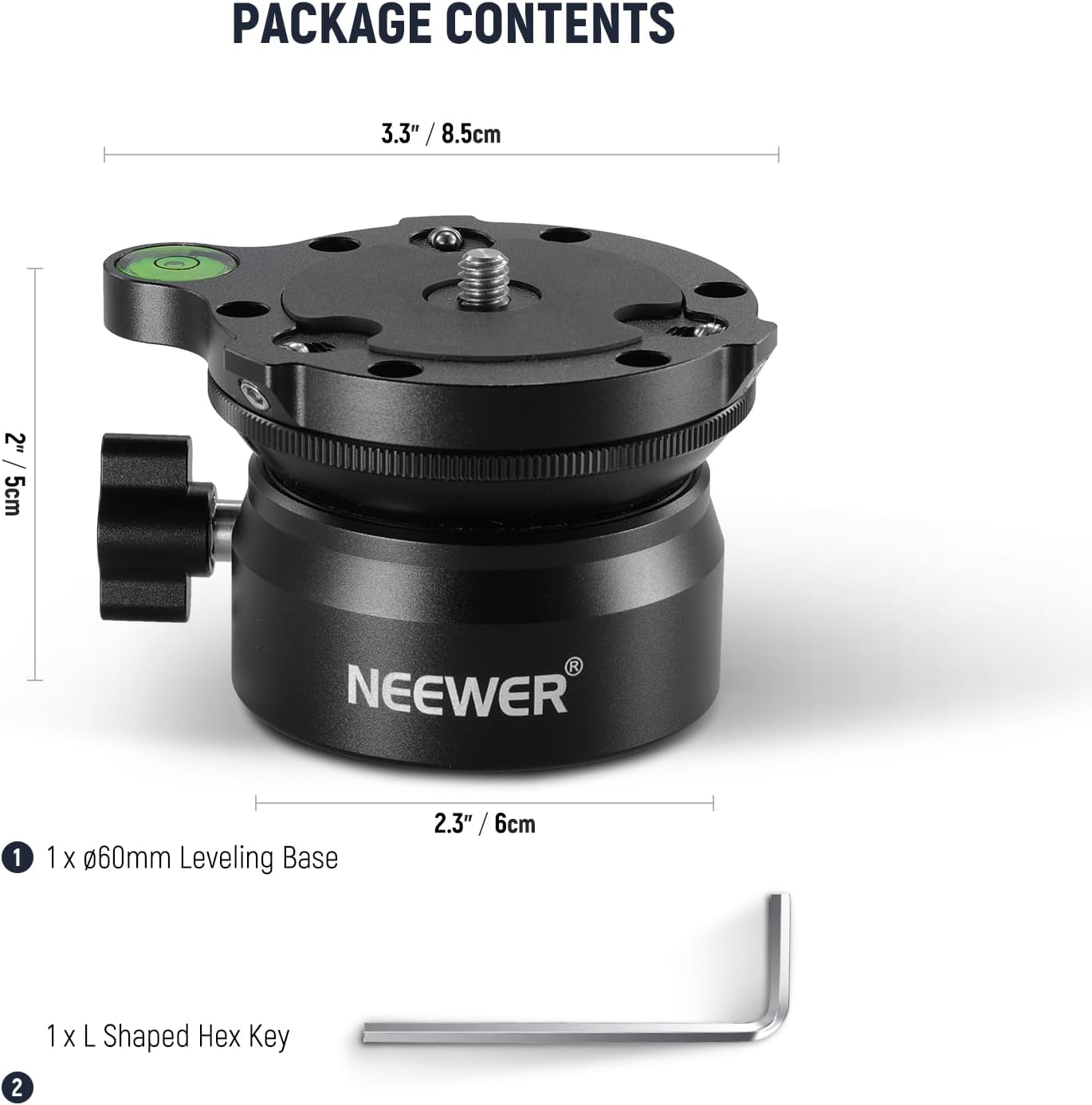 Image showing the NEEWER GM15 Tripod Leveling Base and an L-shaped hex key, with dimensions indicated.