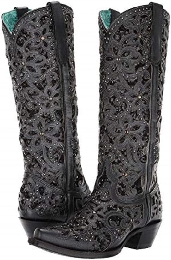 Corral Boots Womens Floral Studded Rhinestones Sequins Tooled Inlay Snip Toe Casual Boots Knee High Low Heel 1-2" - Black