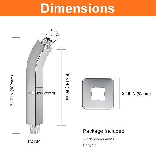 Miniatura 9 de HarJue Brazo de ducha con brida y cinta de teflón, brazo de tubo de ducha cuadrado montado en la pared, brazo de extensión de acero inoxidable 304