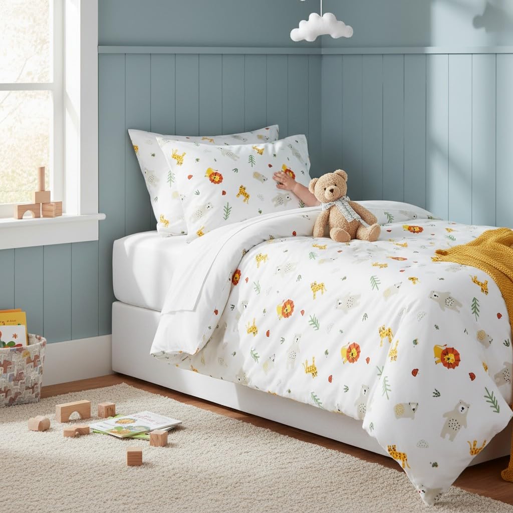 various Parure de Lit Bébé 100 x 135 cm, Motif Leo | Taie 40 x 60 cm,100 % Coton avec Fermeture Éclair, pour Lit 60 x 120 cm