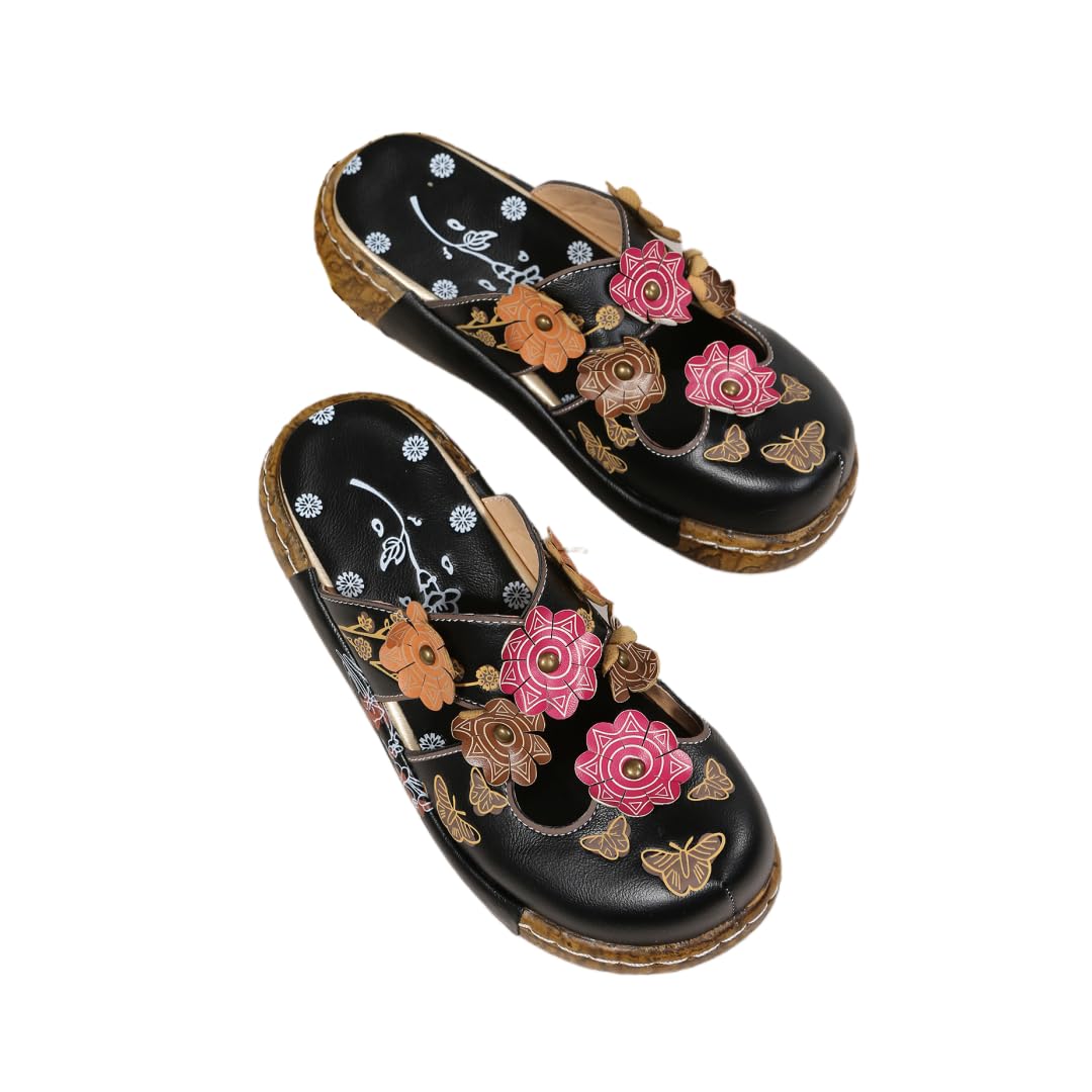 Hhhchpm Women's Wedge Mule Shoes, Flower Decor Cut-Out Floral Print Slide Sandals, Tribal Style Slip On Shoes