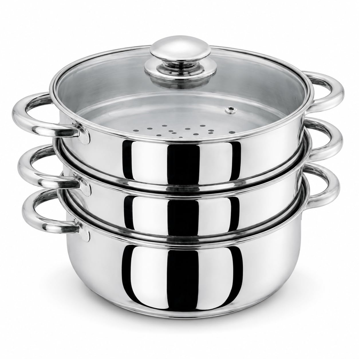 3 Tier Stainless Steel Steamer Set 25cm with Glass Lid – Multi-Layer Food Steamer Pot for Vegetables, Fish & Chicken – Kitchen Cooking Steaming Cookware with Vented Lid (Silver)