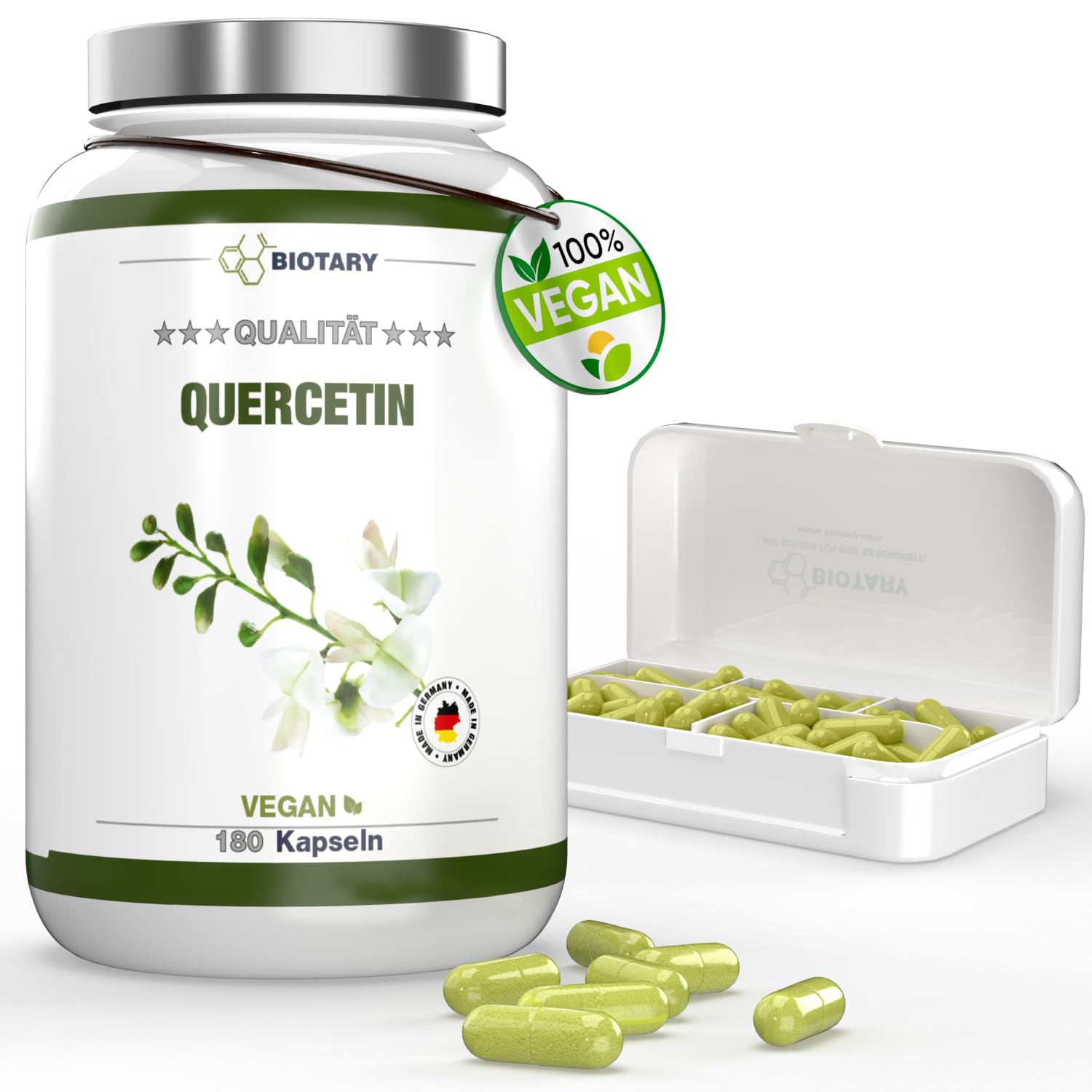 Quercétine – 500 mg – 180 gélules – 6 mois – Avec boîte à pilules – Vegan – Extrait de fleur de Sophora du Japon 95% - Sans additifs