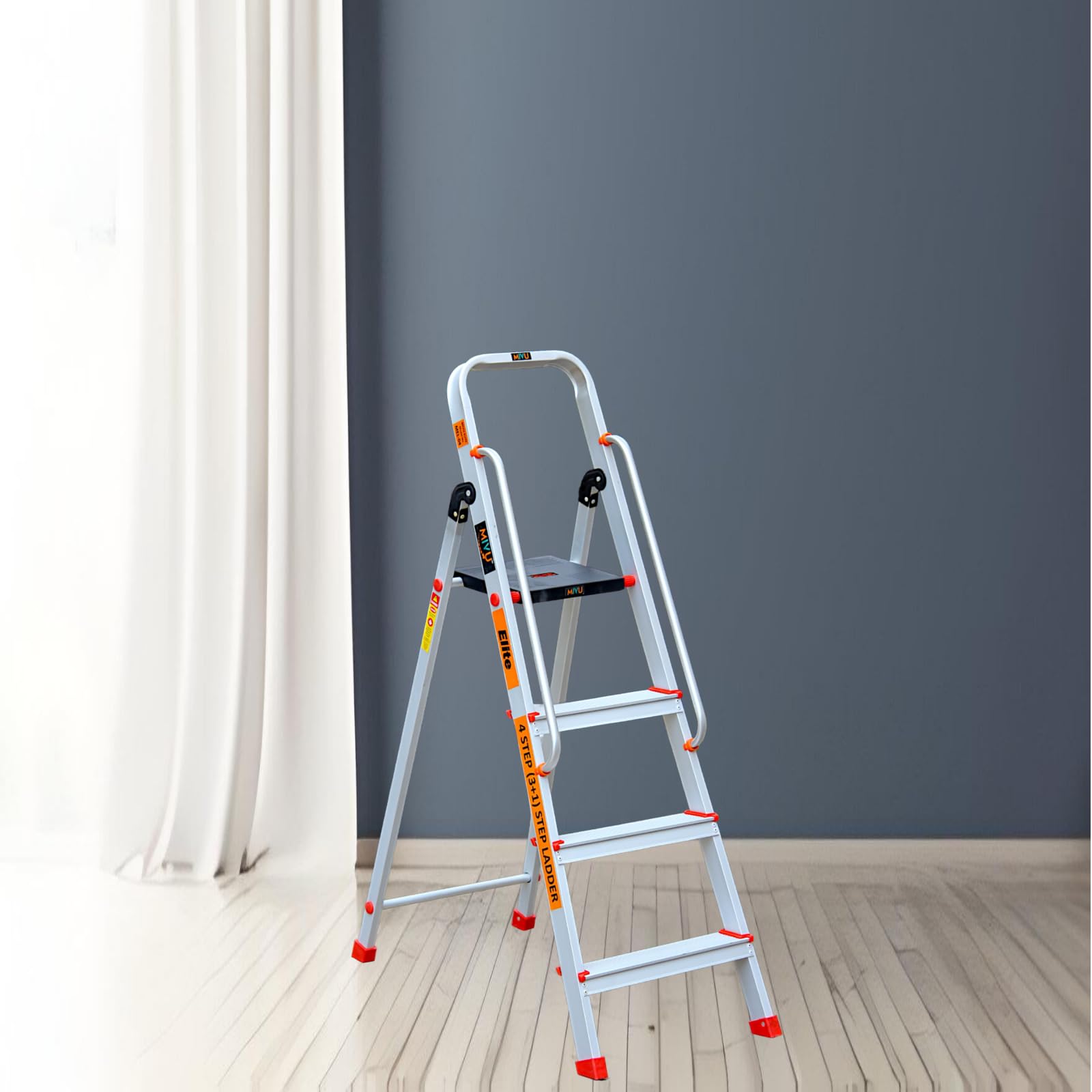 Mivu Elite 4 Steps Foldable Aluminium Ladder for Home and Office Use | with Hand-Rails | Slip Resistant Steps | Heavyduty Antiskid Platform | Space-Saving Design, Home & Office use (B0D2J1YY2Q) Amazon Price History, Amazon Price Tracker