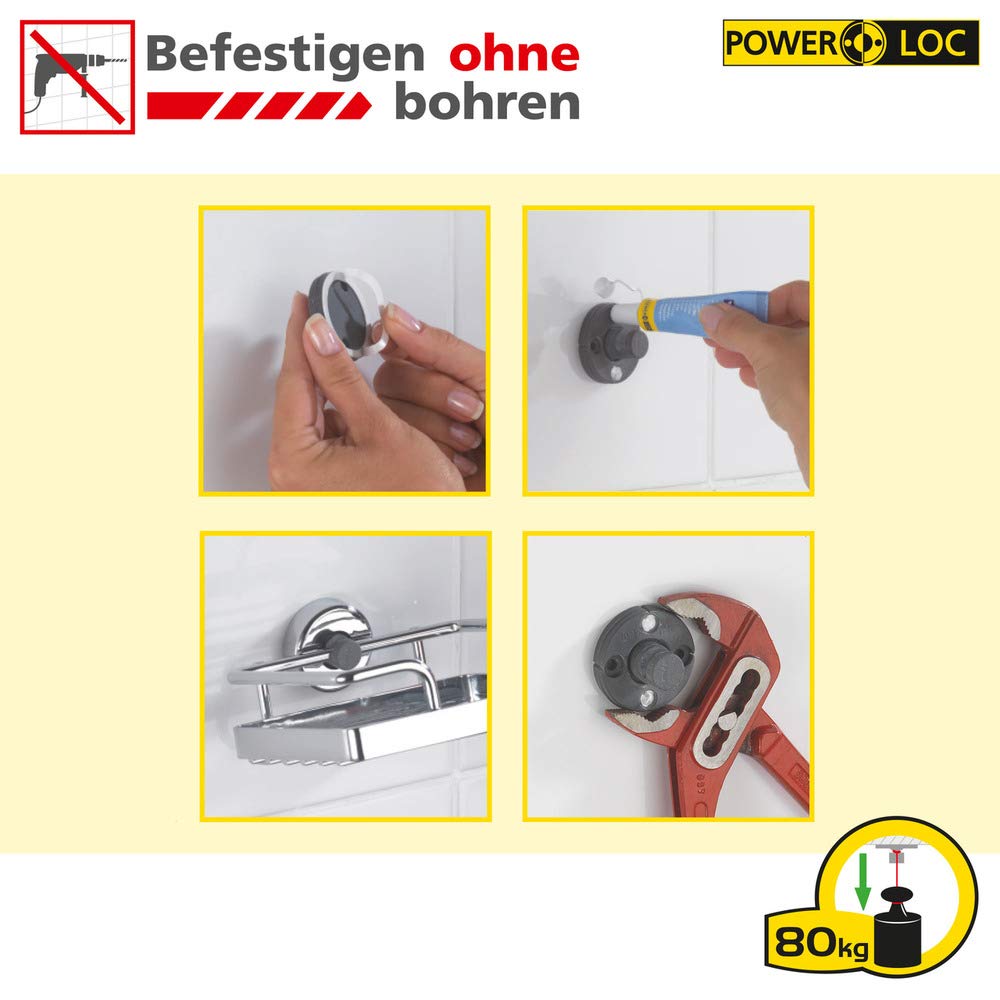 WENKO Power-Loc LED Wandspiegel Aura - mit hochwertigem Acrylrahmen, Befestigen ohne bohren, Spiegelfläche ø 16.5 cm 500 Prozent Vergrößerung, Stahl, 20 x 24 x 10-40 cm, chrom, Silber, Klein (Weniger als 30 cm)