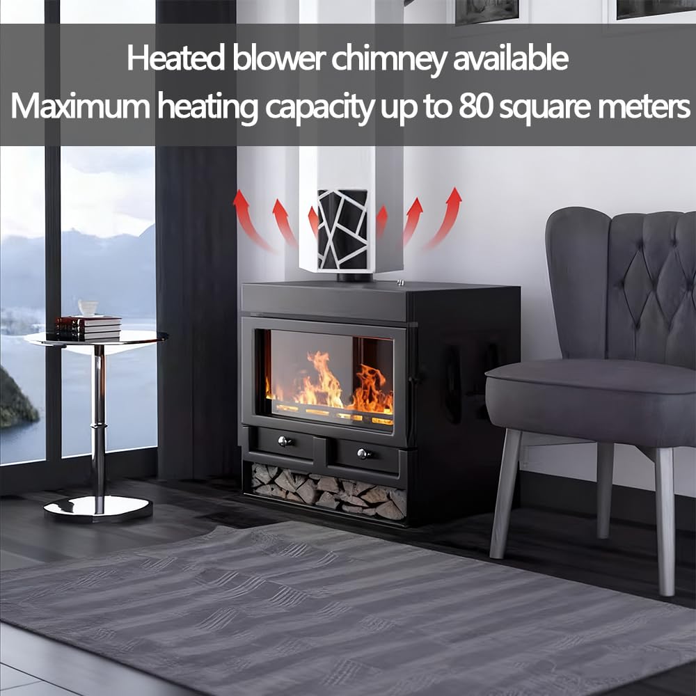 Stufa a Legna 8kW, Rendimento 85% per 120 m³, RRØ 100mm,Stahlofen mit Verglasung,Rivestimento Refrattario,für Jede Wohnung & Zuhause