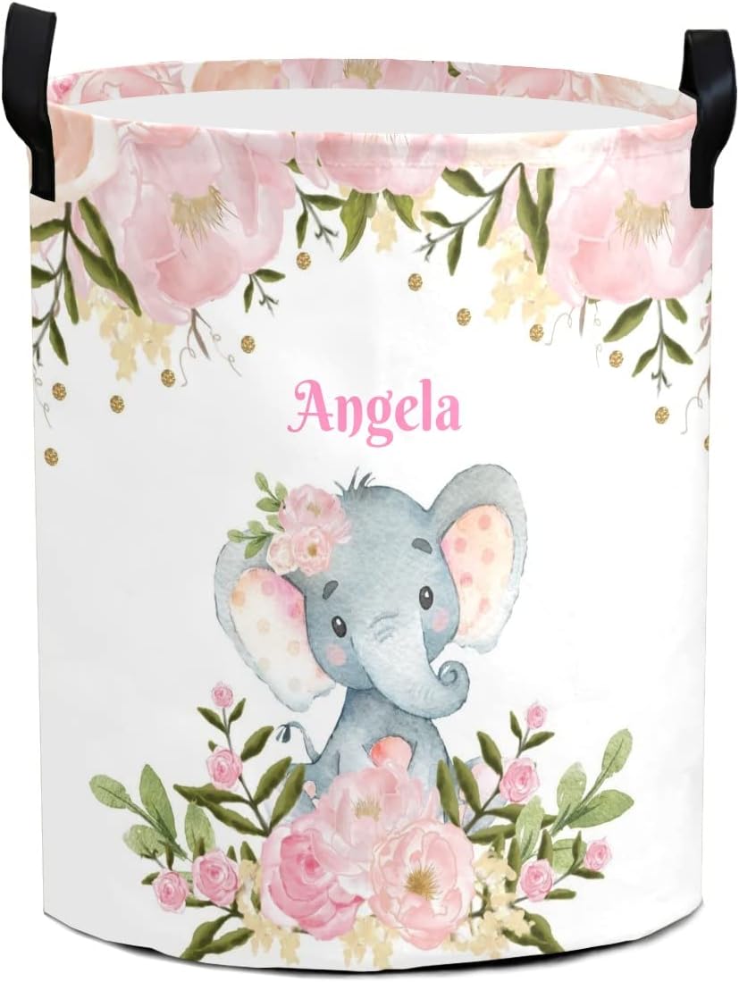 Personalized Custom Pink Floral Elephant Laundry Baskets with Name Collapsible Clothes Storage Basket with Handle for Bathroom Bedroom Kitchen