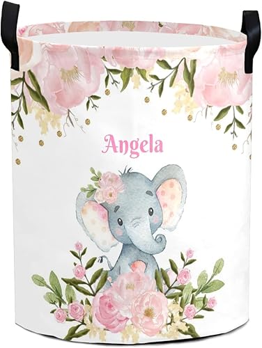 Cestas de lavandería personalizadas de elefante floral rosa con nombre, cesta de almacenamiento de ropa plegable con asa para baño, dormitorio,