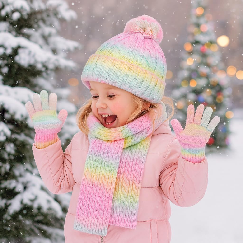 Kunyeah Set berretto, sciarpa e guanti per bambini Guanti lavorati a maglia Cappellino foderato in pile Scaldacollo per bambini e bambine dai 3 ai 10 anni