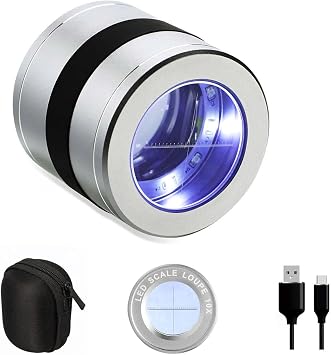 10X Jewelers Loupe Magnifier with LED/UV Lights and Scale, USB Rechargeable Jewelry Loop Magnifier 30mm Triplet Lens Eye Loupe Magnifiying Glass for Diamond, Gemstone, Coins, Stamps, Watch Repair