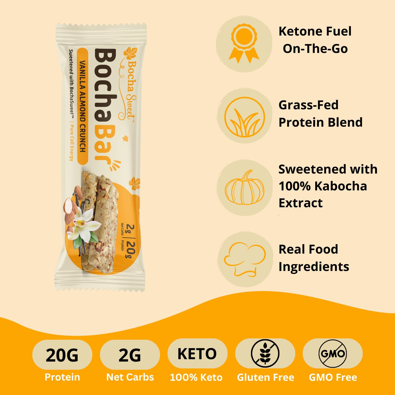 BochaSweet Keto Protein Bar, Vanilla Almond Crunch BochaBar, 20g Grass Fed Collagen, Low Carb, Keto-Friendly, Gluten Free, 12 Count