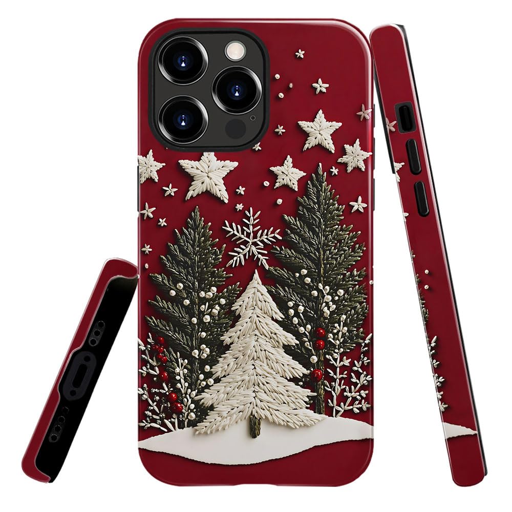 Generic Case Compatible with iPhone 16 Pro Max,Scratch Resistant Hybrid 2-Layer Hard Shell Bright Phone Case,Winter Christmas Tree Star Red