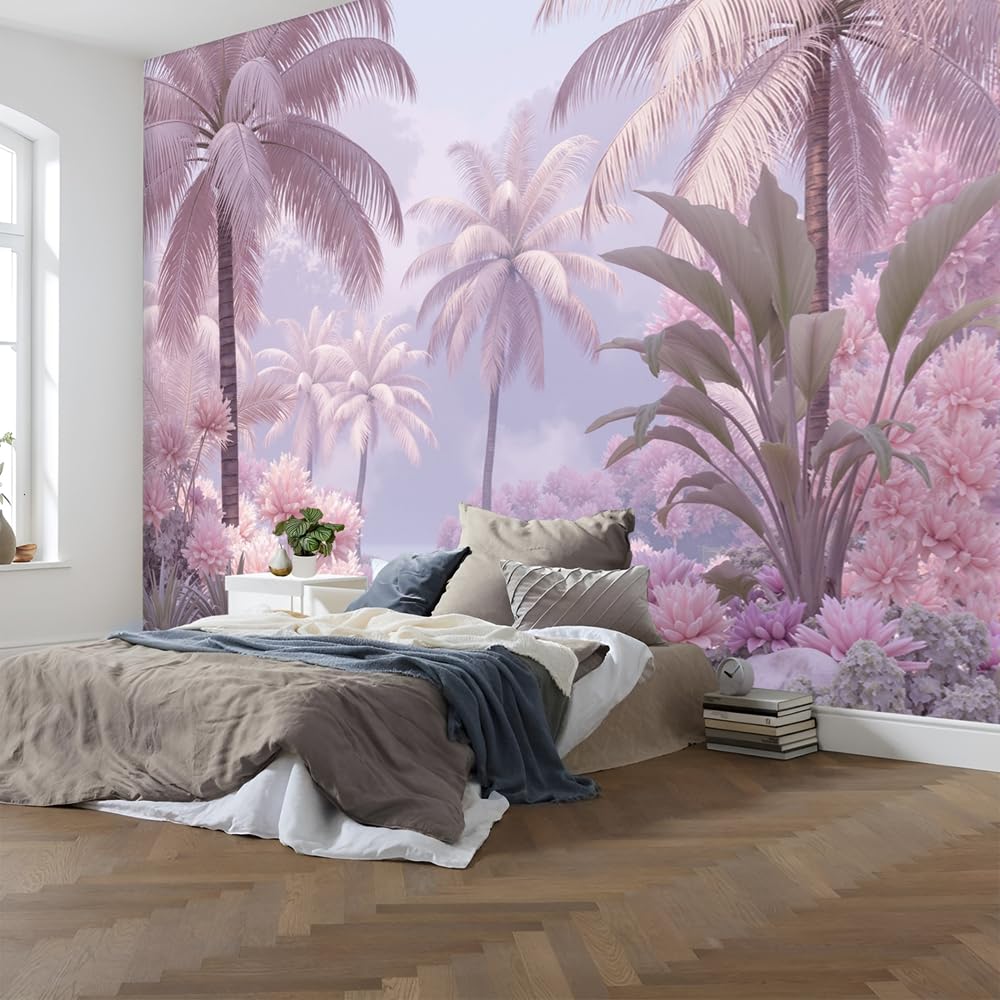 Carta da Parati Fotografica 300 x 210cm Grande Sfondo per TV, Palmeto Paesaggio Onirico Poster Gigante Design Cameretta Carta per Pareti Rosa Viola Decorazione