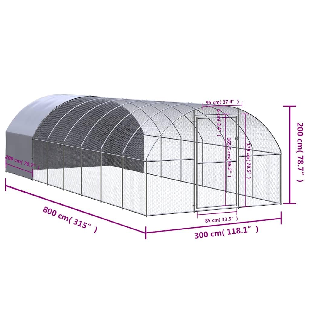 Gallinero exterior 3 x 8 x 2 m de acero galvanizado con techo de polietileno impermeable, resistente recinto para animales pequeños para pollos, patos, conejos, ratones, ratas, hurones, degu