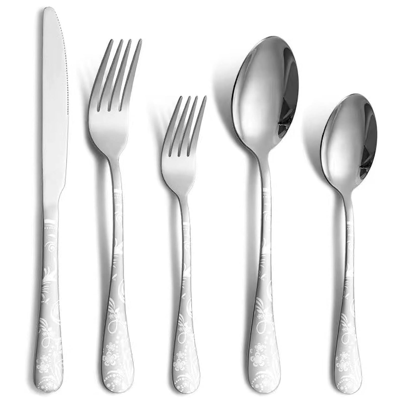 Set di posate in acciaio inox per 4 persone, con coltello, forchetta, cucchiaio, posate lucidate a specchio, lavabili in lavastoviglie, set da 20 pezzi (Argentato)