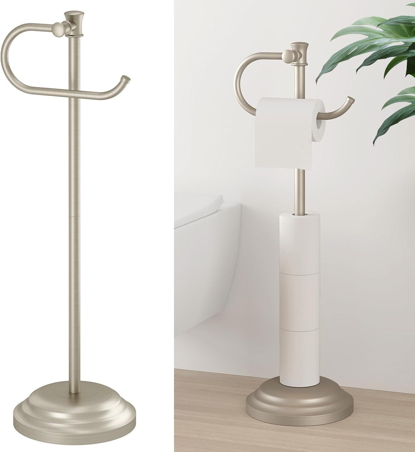 Hoimpro 25" Toilet Paper Holder Free Standing, Floor Bathroom Toilet Paper Tissue Roll Holder with Shelf Storage Stand for 4 Rolls, Freestanding Handle Hardware Accessories Rack Brushed Nickel