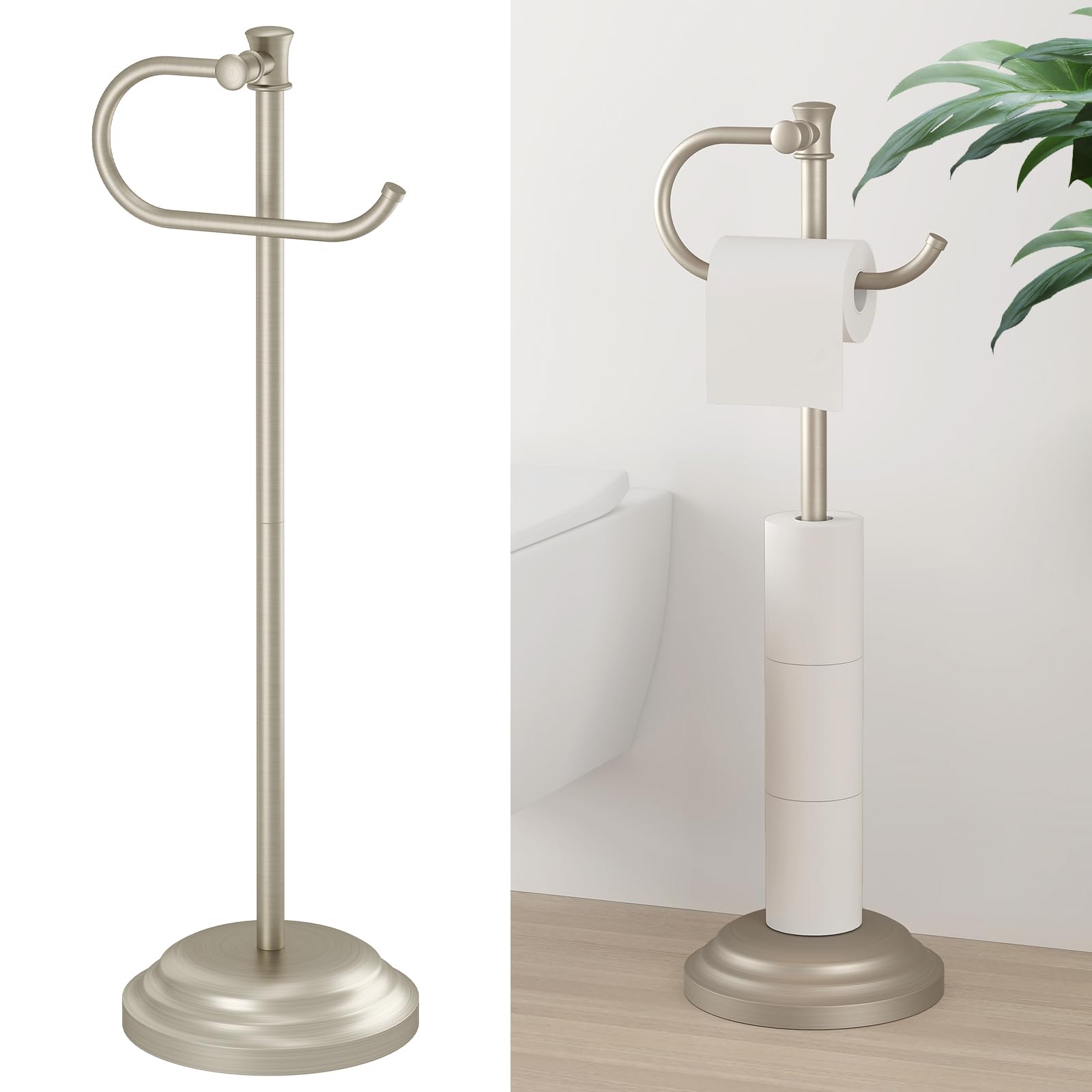 Hoimpro 25" Toilet Paper Holder Free Standing, Floor Bathroom Toilet Paper Tissue Roll Holder with Shelf Storage Stand for 4 Rolls, Freestanding Handle Hardware Accessories Rack Brushed Nickel