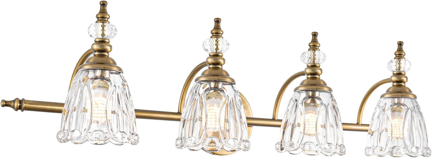 Gold Bathroom Light Fixtures 4 Lights, Antique Brass Vanity Light, Vanity Light Over Mirror, Vintage Bathroom Light with Clear Flower Glass, Lights for Wall Interior Hallway 4 light Gold