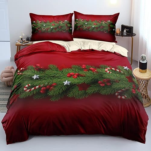 Miniatura 6 de Holiyjog Juego de funda de edredón de Navidad 3D, fundas de edredón y fundas de almohada con patrón de lazo rojo, juegos de ropa de cama de color