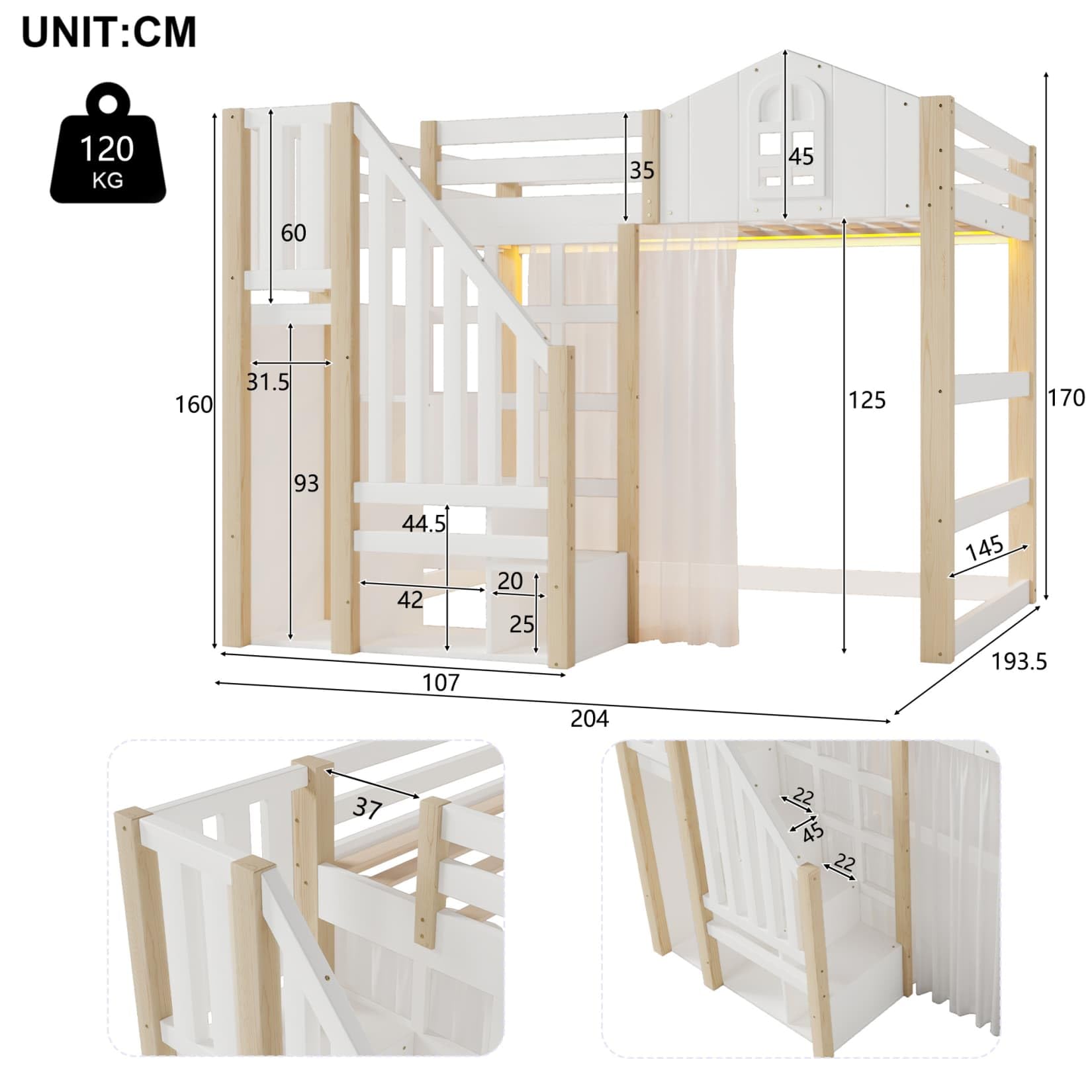 Lit Mezzanine 2 Places 140x200cm,Lit Cabane Enfant avec éclairage LED Réglable,Échelle de Rangement,Rideau en Gaze,Haute Barrière de Type Cabine,pour Enfants Adolescents (Blanc, 140x200)