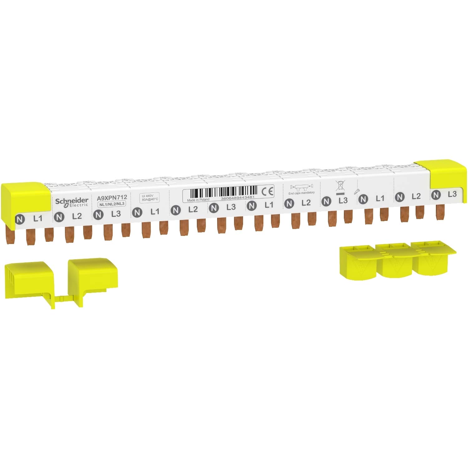 Schneider Electric A9XPN712 Barra di Distribuzione Trifase, 12 Moduli, 230-400V, Passo 18mm Acti9