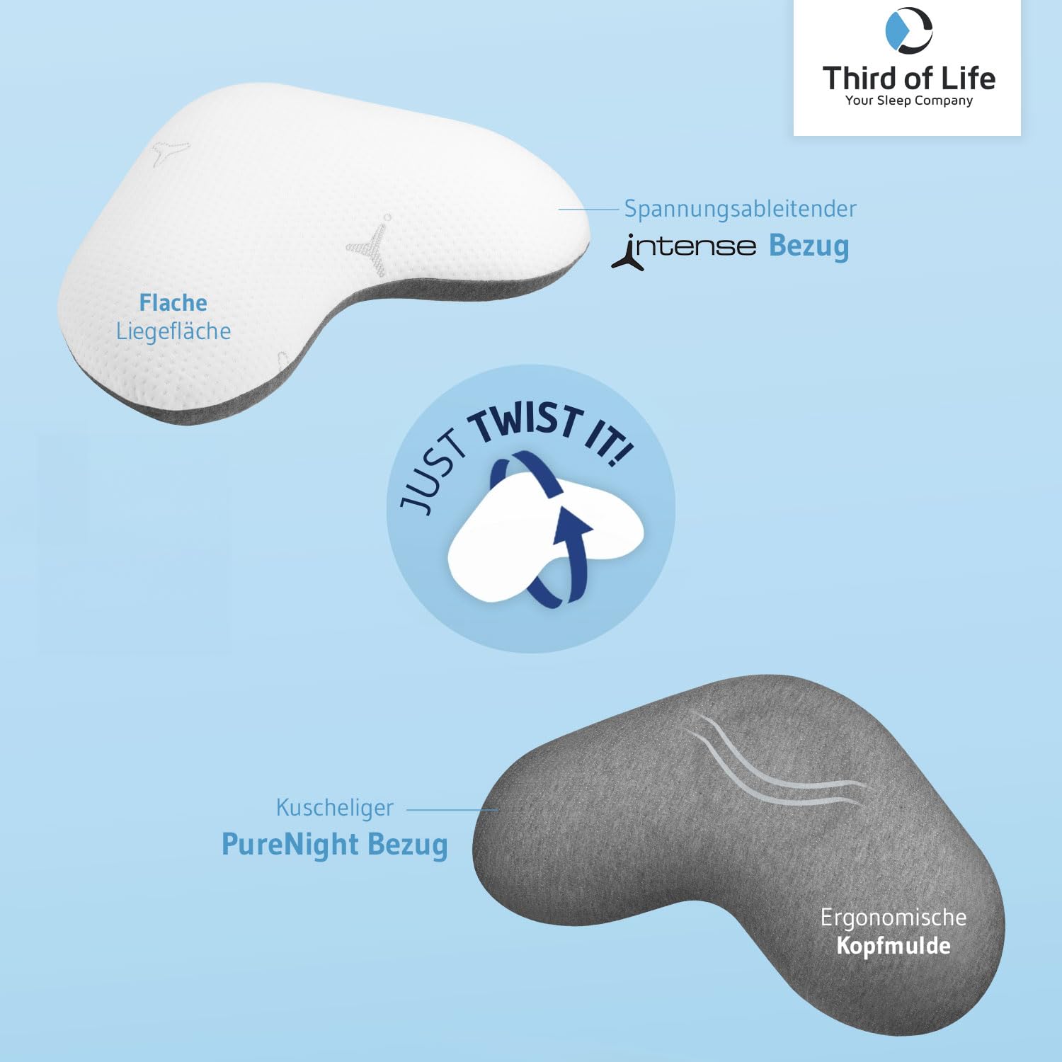 Third of Life Seitenschläfer Kissen mit Intense-Technologie - von Schlafexperten entwickelt, Ergonomisches Memory Foam Kopfkissen für ruhigen Schlaf, HWS Nackenstützkissen für Allergiker geeignet